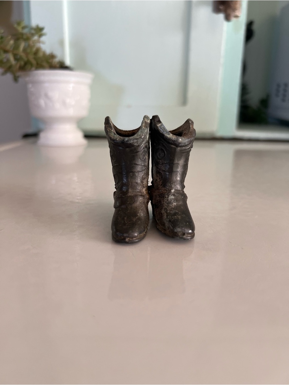 Antique Metal Cowboy Boot Figurine - Rustic Brown Home Accent